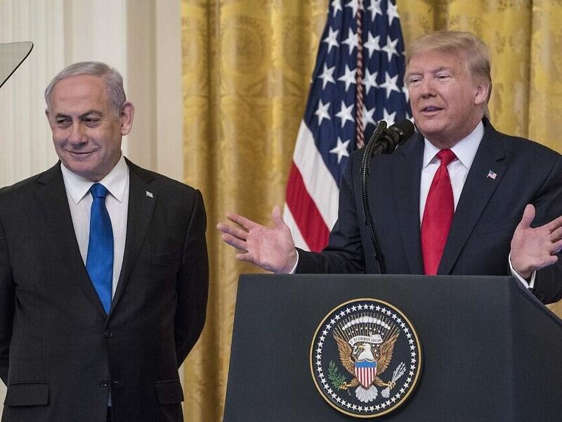 US President Donald Trump and Prime Minister Benjamin Netanyahu at a press conference in the East Room of the White House on January 28, 2020, in Washington. (Sarah Silbiger/Getty Images/AFP)