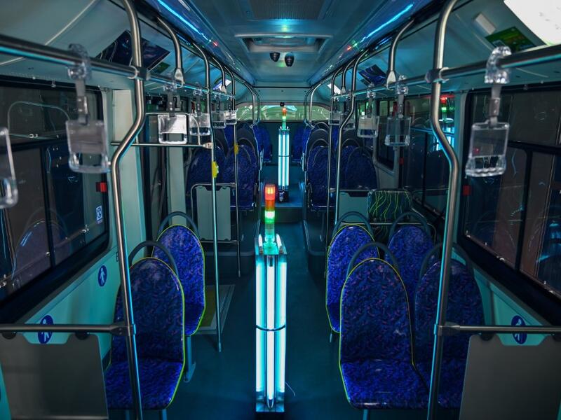 A bus has been disinfected with ultraviolet rays as part of measures against of the COVID-19 coronavirus in Shanghai on March 12, 2020 Hector RETAMAL / AFP