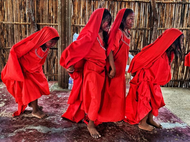 Wayuu girls prepare to perform the traditional La Yonna dance, in Tres Bocas, northern Colombia, on March 13, 2020. Juan BARRETO / AFP
