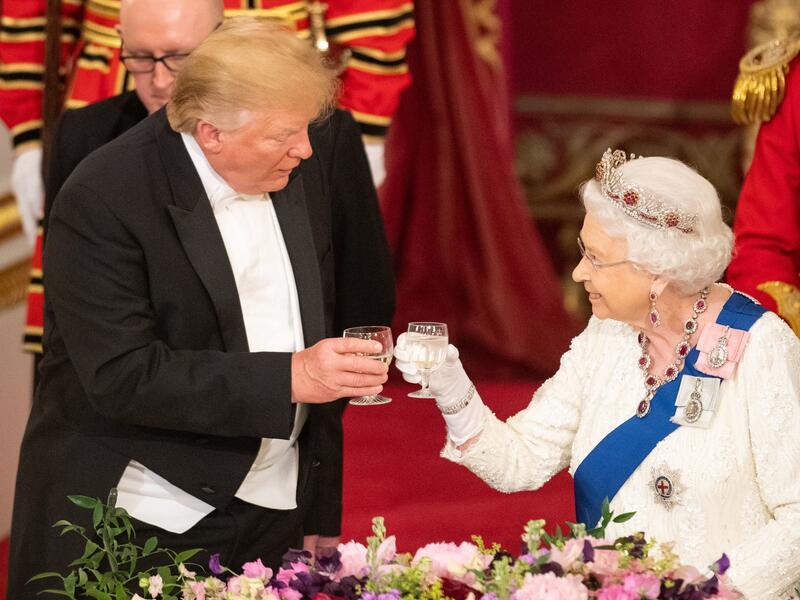 President Trump and Queen Elizabeth II shared a toast during his official visit to the United Kingdom. (DOMINIC LIPINSKI/AFP/Getty Images)
