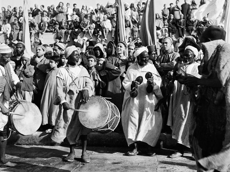 Musicians play during a ceremony on the Grand Socco place, in October 1945 in Tangiers, Morocco. AFP
