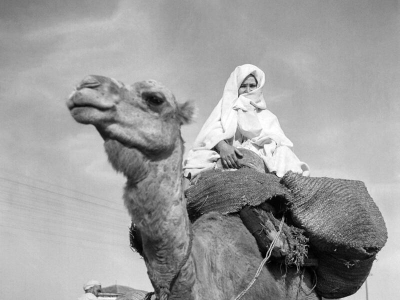 A woman rides a camel in November 1945, near Agadir. AFP