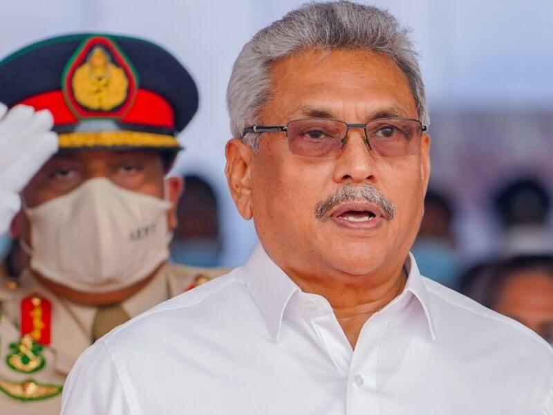 Sri Lankan President Gotabaya Rajapaksa sings the national anthem during a commemoration in Colombo on May 19 (AFP Photo/-)