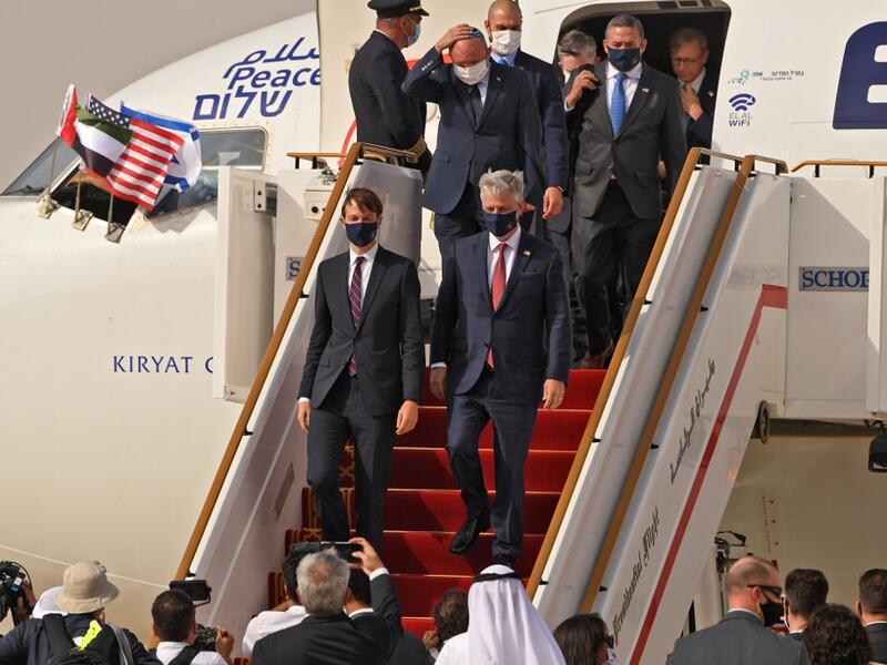 A US-Israeli delegation including White House advisor Jared Kushner took off on a historic first direct commercial flight from Tel Aviv to Abu Dhabi to mark the normalisation of ties between the Jewish state and the UAE. KARIM SAHIB / AFP