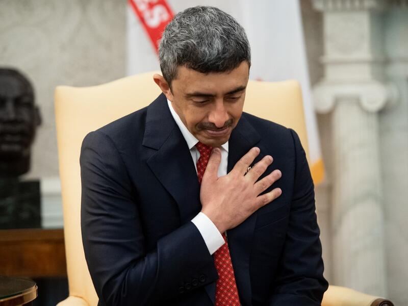 Foreign Minister Abdullah bin Zayed Al-Nahyan of the United Arab Emirates acknowledges US President Donald Trump during a meeting in the Oval Office of the White House in Washington, DC, September 15, 2020, prior to the signing of the Abraham Accords, where Bahrain and the United Arab Emirates will recognize Israel. 