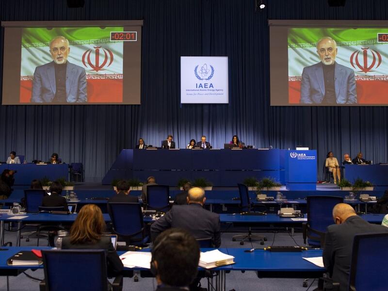 Iran's Atomic Energy Vice-President Ali Akbar Salehi, is seen speaking on a screen as he attends virtually the 64th General Conference of the International Atomic Energy Agency (IAEA) at its headquarters in Vienna, Austria on September 21, 2020. JOE KLAMAR / AFP
