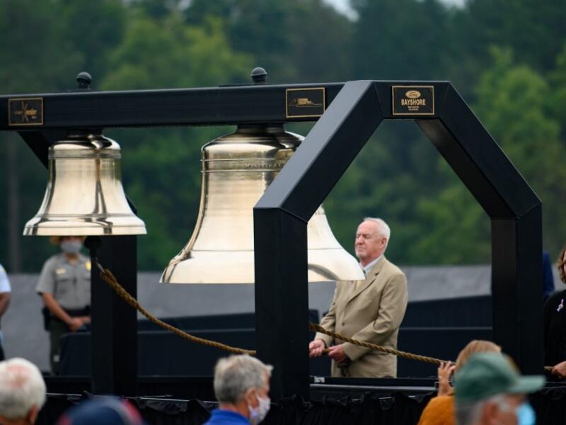 The ringing of bells as names are called during a ceremony at the Flight 93 National Memorial commemorating the 19th anniversary of the crash of Flight 93 and the September 11th terrorist attacks on September 11, 2020 in Shanksville, Pennsylvania. The nation is marking the nineteenth anniversary of the terror attacks of September 11, 2001, when the terrorist group al-Qaeda flew hijacked airplanes into the World Trade Center and the Pentagon, killing nearly 3,000 people. Jeff Swensen/Getty Images/AFP JEFF SW
