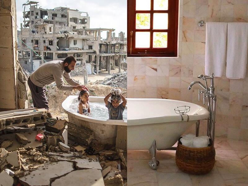 Verified Salem Saoody, 30, is getting his daughter Layan (L) and his niece Shaymaa 5 (R) in the only remaining piece from their damaged house, which is the bathing tub after Israeli airstrike. 2015, Gaza. (ugurgallen/ Instagram)