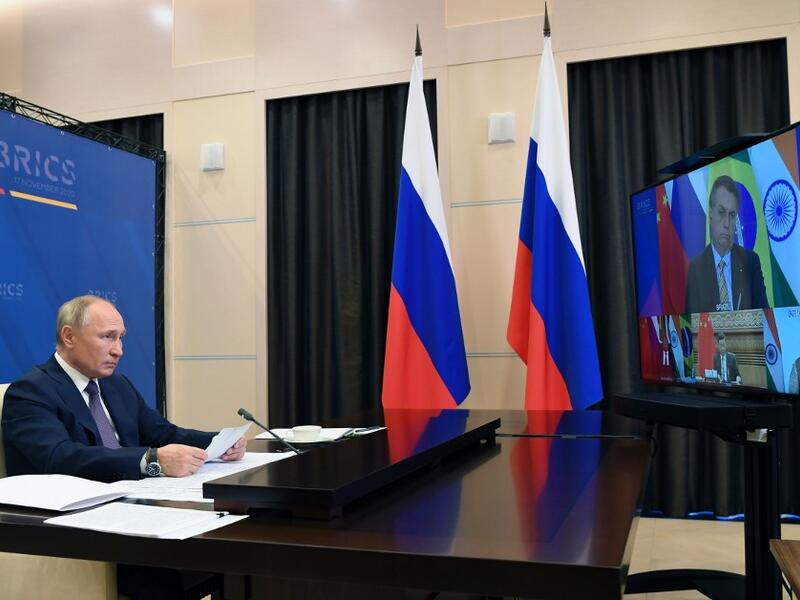 Russian President Vladimir Putin attends the XII BRICS Summit via videoconference at Novo-Ogaryovo state residence, outside Moscow, on November 17, 2020. Alexey NIKOLSKY / SPUTNIK / AFP
