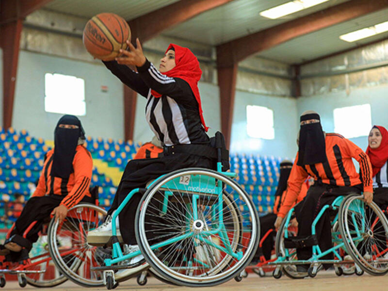 Yemeni women play during a local wheelchair basketball championship in Sana’a, December 8. (AFP)