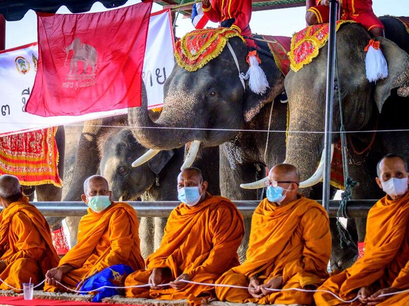 Buddhist monks chant during a ceremony to mark National Elephant Day