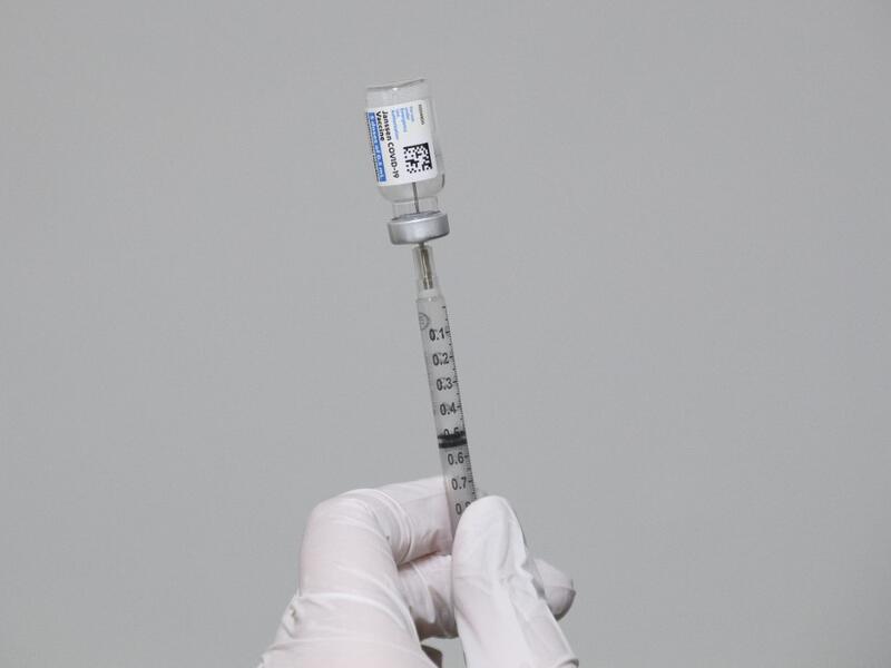 A syringe with a dose of the Johnson & Johnson Janssen Covid-19 vaccine at a vaccination 