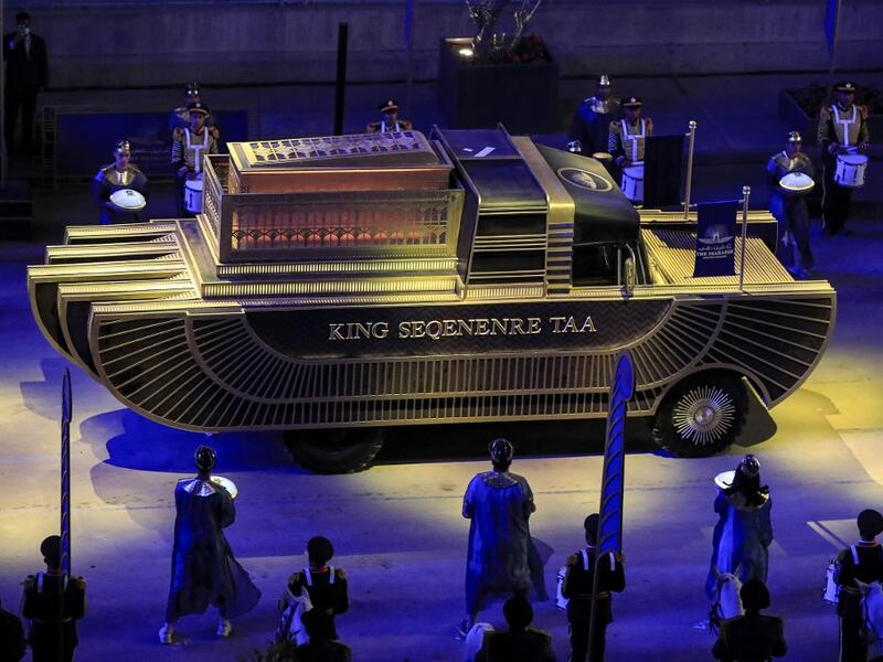 The carriage carrying the mummy of Pharaoh Seqenenre Tao II (1558–1555 BC) advances as part of the parade of 22 ancient Egyptian royal mummies 