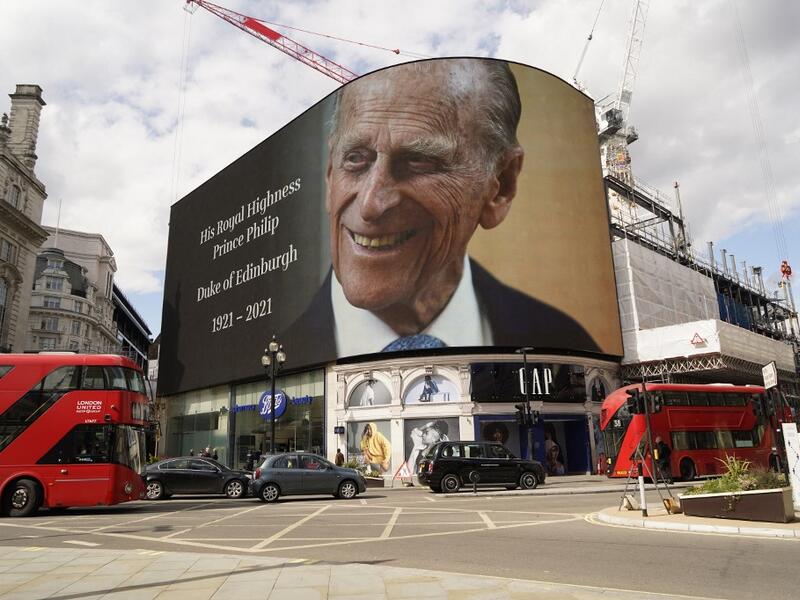 The electronic billboard at Piccadilly Circus displays a tribute to Britain's Prince Philip, Duke of Edinburgh in central London on April 9, 2021 