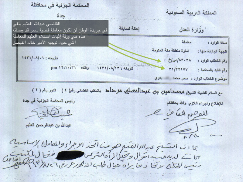 في 4 أبريل عام 2010: حضرت سمر إحدى جلسات المحكمة في قضية العضل التي رفعتها ضد والدها، تم اعتقال سمر بحسب مذكرة الاعتقال الصادرة بحقها في قضية العقوق وتم احتجازها في سجن بريمان في جدة، وبعد شهرين اقترح أمير منطقة مكة الأمير خالد الفيصل تشكيل لجنة لتسوية الخلاف بين الأب وابنته عن طريق أخذ تعهد منه بعدم استخدام العنف ضدها، السماح لها بالزواج.