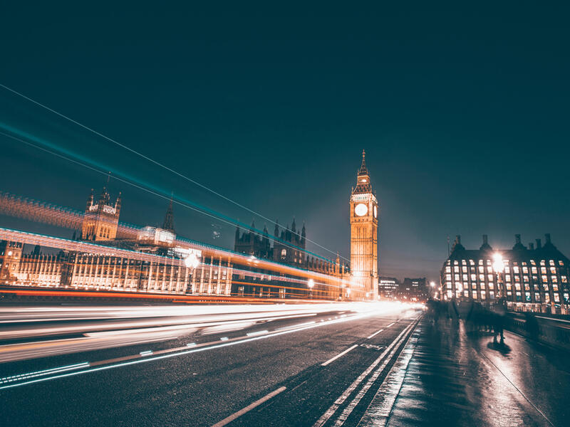 Big Ben and Westminster Bridge with traffic at rush hour, London, United Kingdom