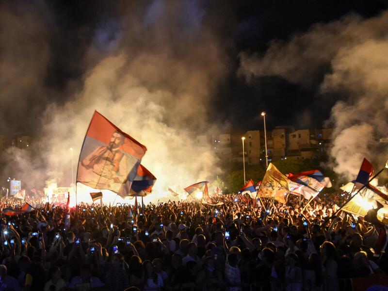 Monetenegrin Orthodox Christians gather in front of the orthodox cathedral in Podgorica, on September 4, 2021, to celebrate and show support for the enthronement of the new bishop of the Serbian Orthodox Church in Montenegro. 