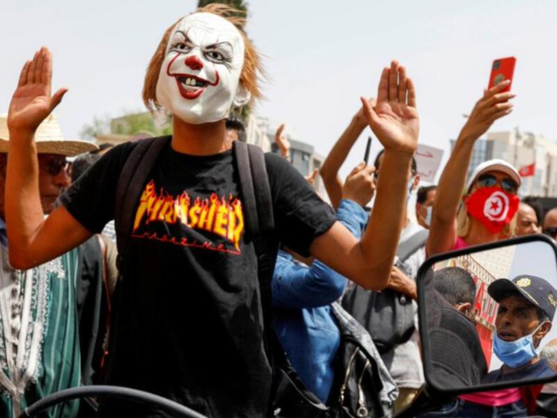 Thousands of demonstrators gather in Tunisian capital Tunis to protest against President Kais Saied's seizure of governing powers in July