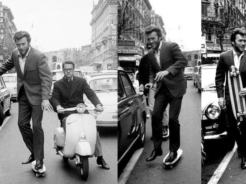 Young Clint Eastwood skateboarding in Rome, 1967.