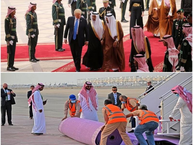  (السجاد الرسمي) دونالد ترامب: حطت طائرته أمام السجاد الأحمر الذي كان معتمدًا في استقبال ضيوف الدولة الرسميين من رؤساء ووزراء وسفراء، ومُمثلي الدول الشقيقة والصديقة. جو بايدن: حطت طائرته أمام السجاد البنفسجي الذي اعتمدته السعودية في عام 2021 الذي يعكس ترحيبَ أرض السعودية بعابريها، وكرمها الذي يتماثل مع كرم أهلها.