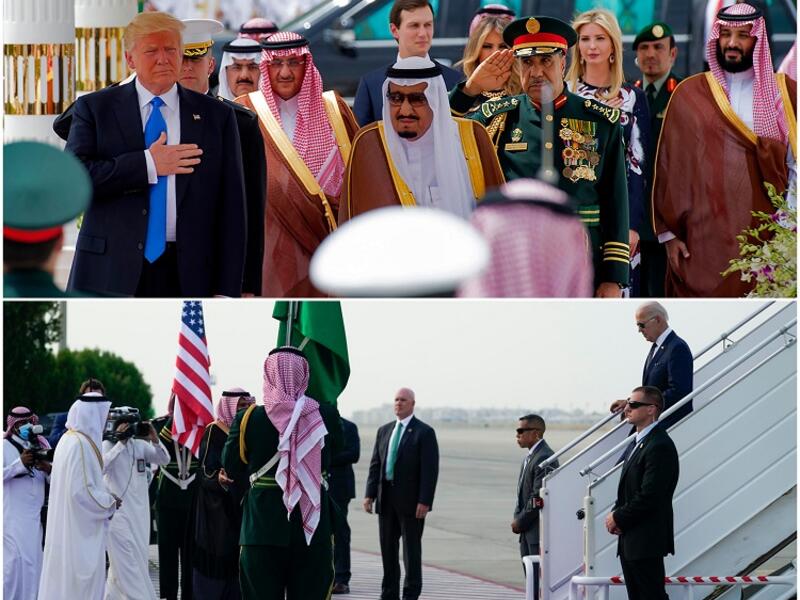 (حرس الشرف الملكي) دونالد ترامب: سار الملك سلمان بن عبدالعزيز معه بين صفين من حرس الشرف السعودي، ثم توقفا لبضع دقائق في صالة كبار الشخصيات. جو بايدن: لم يمشِ بين فرق الحرس الشرف الملكي وتوجه فورًا نحو المركبة التي نقلته إلى قصر السلام.