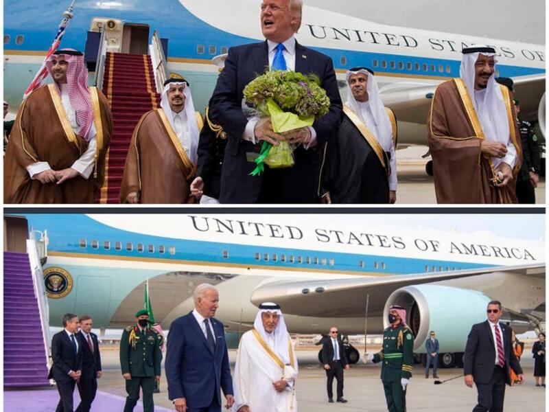 (استقبال المطار) دونالد ترامب: كان الملك سلمان في استقباله حين حطت طائرته مطار الملك خالد في جدة.                                                   جو بايدن:  كان أمير منطقة مكة الأمير خالد الفيصل في استقباله الذي حطت طائرته في مطار الملك عبدالعزيز الدولي في جدة.