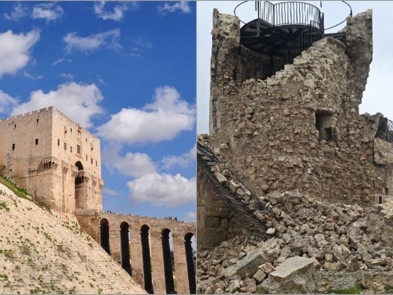 قلعة حلب: تعرضت القلعة المحصنة منذ العصور الوسطى في وسط حلب شمالي سوريا، لأضرار جسيمة، وخاصة جزء من الجدار الدفاعي الشمالي الشرقي وقبة منارة المسجد والمدخل من بين المتضررين.