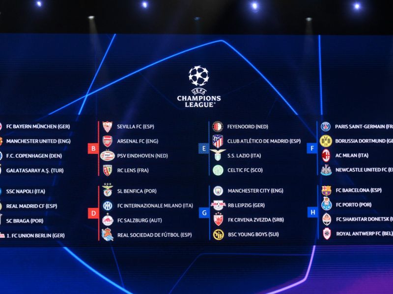 This photograph taken on August 31, 2023 shows a screen displaying the fixtures for the group stage of the UEFA Champions League football cup after the draw for the 2023/2024 UEFA Champions League football tournament at The Grimaldi Forum in the Principality of Monaco. (Photo by NICOLAS TUCAT / AFP)