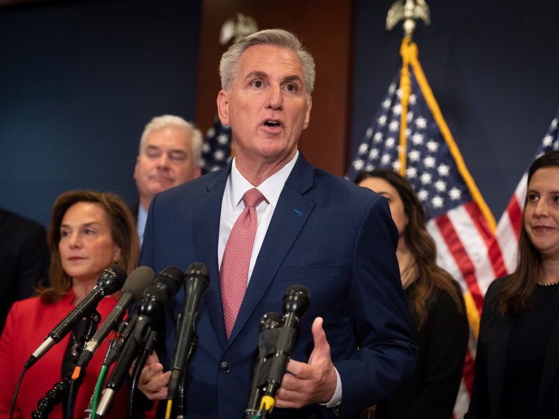US House Republican Leader Kevin McCarthy (R-CA) speaks with reporters about the GOP conference's leadership elections. (Consolidated News Photos/ Shutterstock)