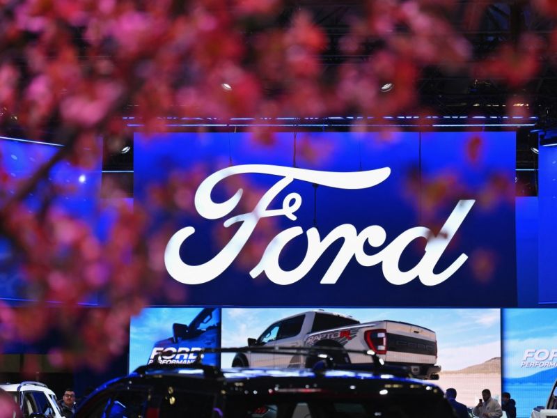 The Ford logo is displayed during the New York International Auto Show at the Jacob Javits Convention Center in New York City on March 27, 2024. (Photo by ANGELA WEISS / AFP)