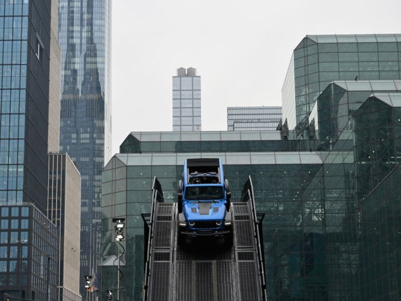 A Jeep Wrangler Rubicon drives on an outdoor track during a press preview at the New York International Auto Show at the Jacob Javits Convention Center in New York City on March 27, 2024. (Photo by ANGELA WEISS / AFP)