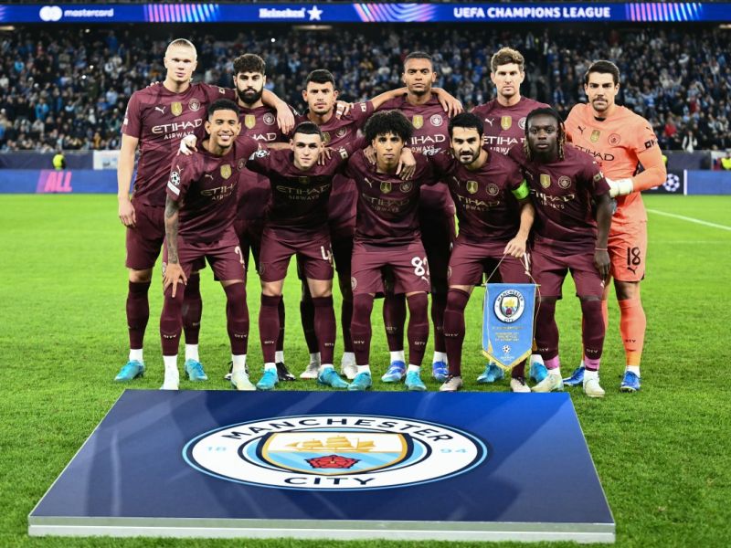 Manchester City's players pose for a team photo prior to the UEFA Champions League football match between SK Slovan Bratislava and Manchester City in Bratislava, Slovakia on October 1, 2024. (Photo by Joe Klamar / AFP)