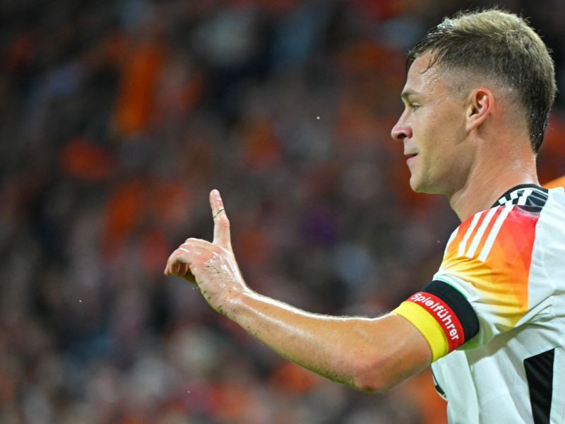 Germany's midfielder #6 Joshua Kimmich reacts during the UEFA Nations League football match between Netherlands and Germany at the Johan Cruyff Arena in Amsterdam, on September 10, 2024. (Photo by NICOLAS TUCAT / AFP)