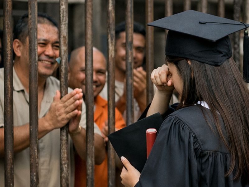 لحظة لا تُنسى: والد وابنته يشاركان الفرح من داخل وخارج السجن