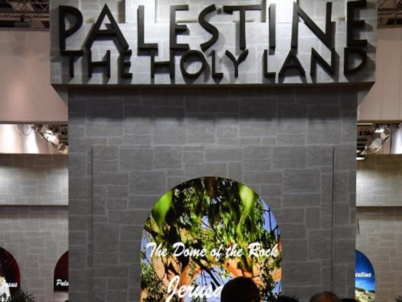 A view of the Palestine stand is pictured at the International Tourism Trade Fair (ITB, Internationale Tourismusboerse) in Berlin during the fair's opening day on Mar. 7, 2018. The business platform for global touristic offers is running from Mar. 7 to 11, 2018.
(John MACDOUGALL / AFP)