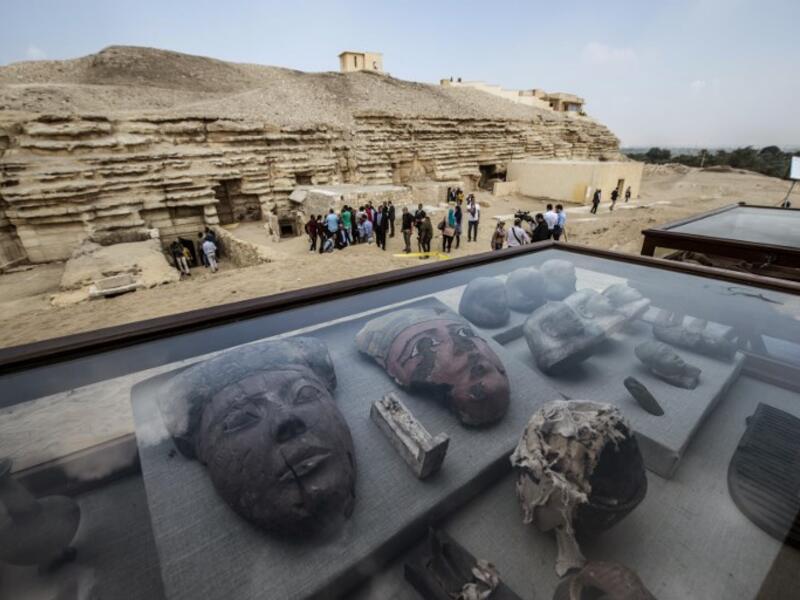 Monuments are displayed during a new discovery made by an Egyptian archaeological mission through excavation work at an area located on the stony edge of King Userkaf pyramid complex. (KHALED DESOUKI /AFP)