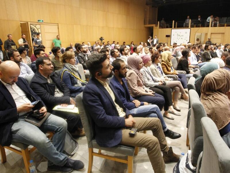Iraqis attend a conference at "The Station", Baghdad's incubator for would-be entrepreneurs, in the Iraqi capital on November 17, 2018.
SABAH ARAR / AFP
