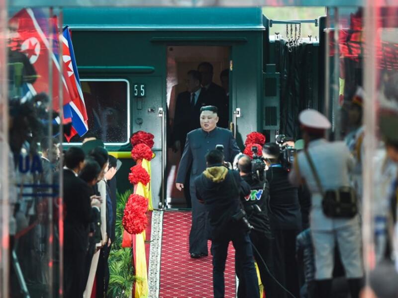 North Korea's leader Kim Jong Un (C) arrives at the Dong Dang railway station in Dong Dang, Lang Son province, on February 26, 2019, to attend the second US-North Korea summit. 
Nhac NGUYEN / AFP