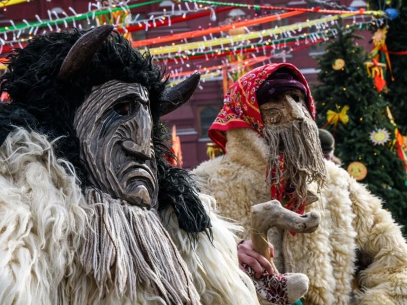Performers in scary masks entertain the public during the Shrovetide spring festival outside the Kremlin in Moscow on March 01, 2019. 
Mladen ANTONOV / AFP