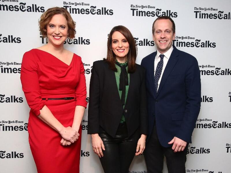 Reporter Kim Barker, actress Tina Fey and screenwriter Robert Carlock attend TimesTalks presents 'Whiskey Tango Foxtrot' at Florence Gould Hall on March 2, 2016 in New York City. (AFPAstrid Stawiarz)