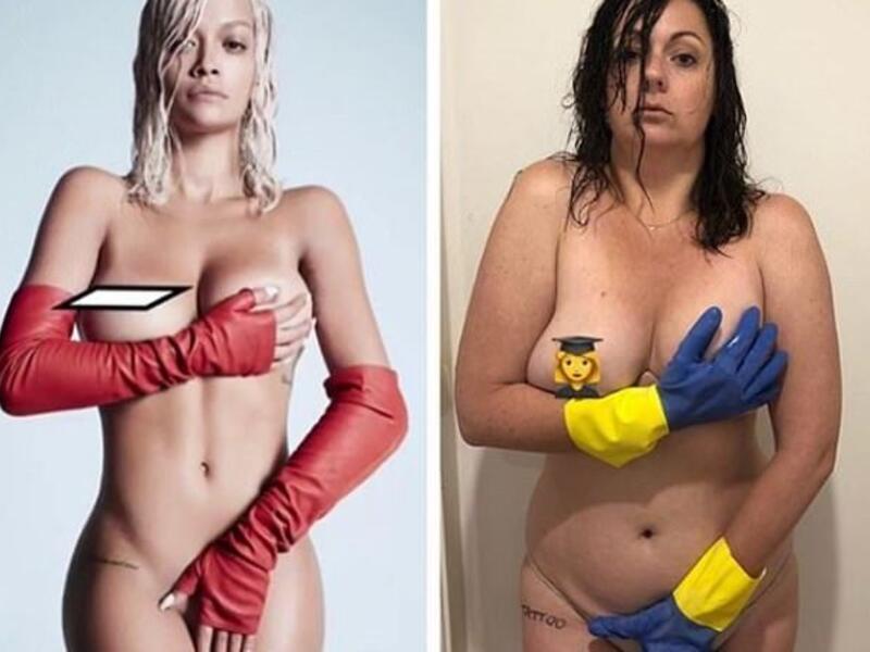 Comedian Celeste Barber has claimed that many of the celebrities she parodies are big fans of work. Pictured: Celeste dresses up as Rita Ora and covers her modesty by covering herself with washing up glove-clad hands (Instagram)