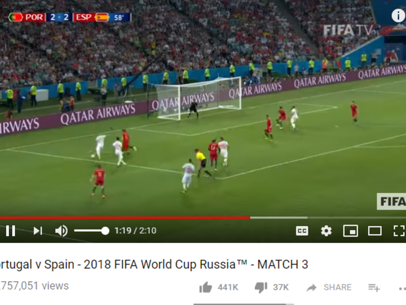 فيديو من المبارة التي جمعت منتخبي البرتغال واسبانيا ضمن بطولة كأس العالم 2018 تمكن من حصد أكثر من 66 مليون مشاهدة.