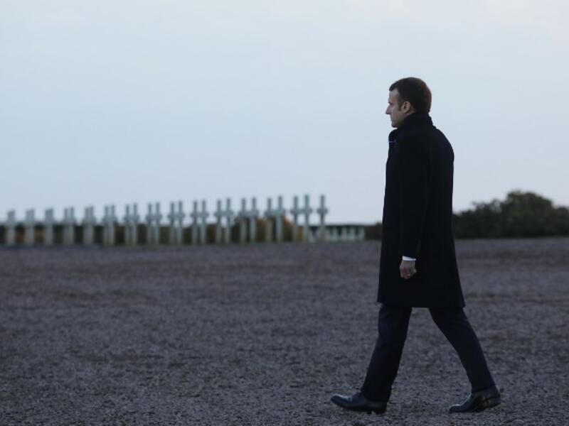 French President Emmanuel Macron takes part in a commemoration ceremony at the Notre Dame de Lorette World War I French war cemetery in Ablain-Saint-Nazaire, northern France, on November 8, 2018, as part of a World War I commemoration tour. 
Ludovic MARIN / AFP
