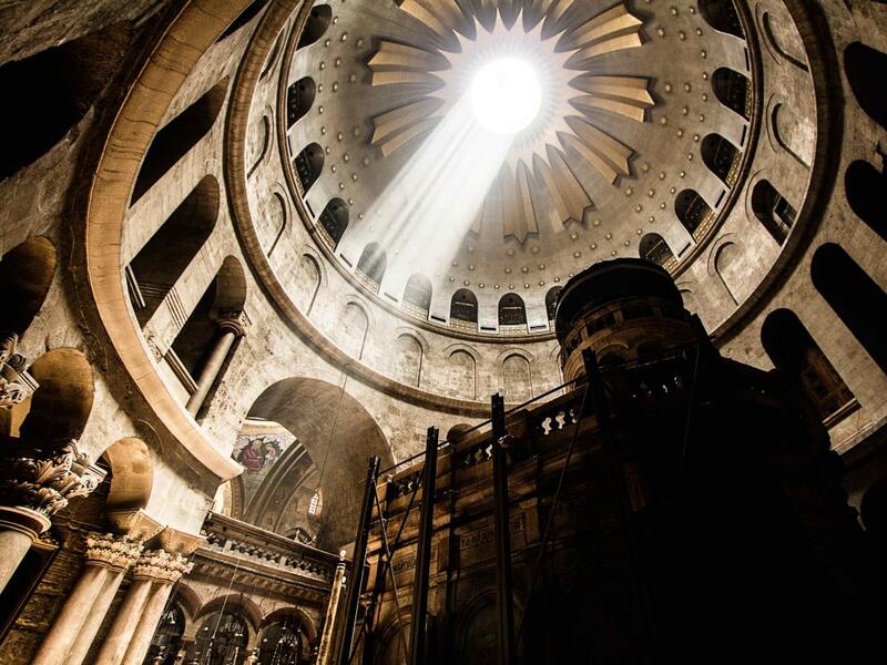 Church of the Holy Sepulchre, Jerusalem 
According to traditions dating back to the fourth century, the church is home to two of the holiest sites in Christendom, the site where Jesus of Nazareth was crucified and Jesus's empty tomb. The construction of the church began in 325/326 (Twitter) 