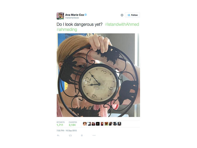 American journalist and columnist Ana Marie Cox, who writes for the New York Times Magazine and others, tweeted a photo of herself behind a clock, asking, “Do I look dangerous yet?” (No, Ana -- you don’t!)

