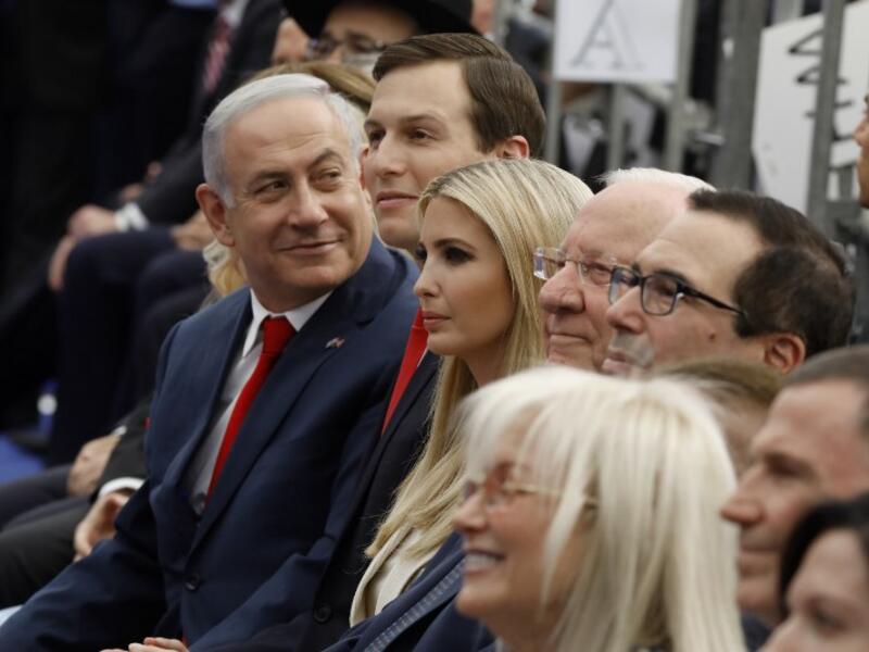 Israel's PM Benjamin Netanyahu (L), Senior White House Advisor Jared Kushner (C-R), US President's daughter Ivanka Trump (3rd R), US Treasury Secretary Steve Mnuchin (R) and Israel's President Reuven Rivlin (2nd R) attend the opening of the US embassy in Jerusalem. MENAHEM KAHANA / AFP