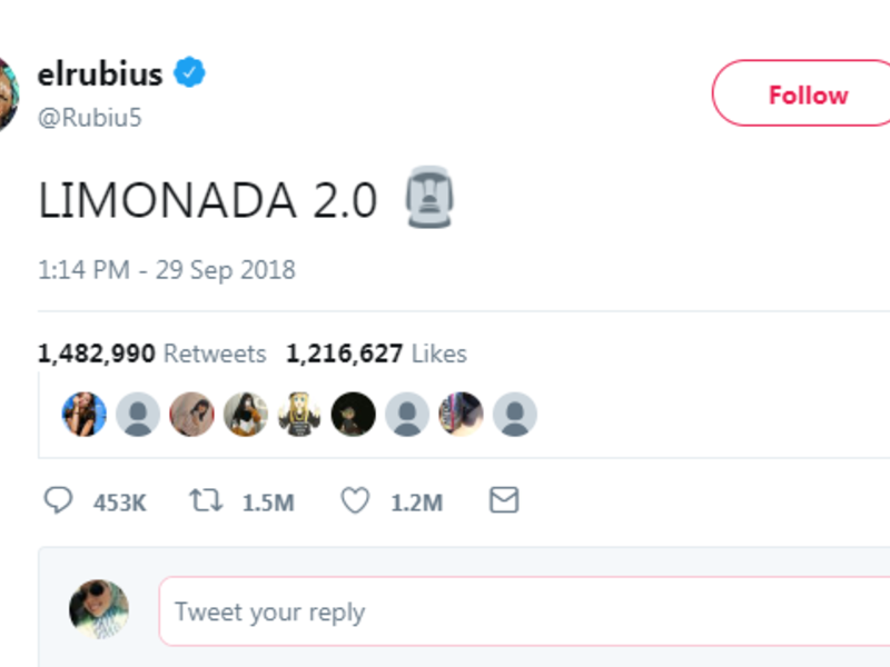 أكثر التغريدات رواجًا: تغريدة للمدوّن الإسباني elrubiu والتي كتب فيها كلمة LIMONADA 2.0 حيث تمت إعداة نشرها نحو 1.5 مليون مرة.