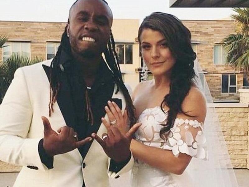 During the ceremony, Janelle wore an off-the-shoulder slit white gown, while her groom went for a black outfit with a white blazer (Instagram)