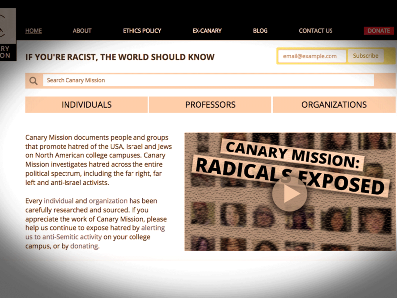 The Canary Mission contains the names of more than 2,000 activists believed to have criticized Israel.