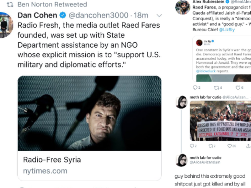 Some of the tweets that were seen spreading after Raed Fares and his friend Hammoud Junaid were shot killed in Kafrnabl in the last rebel-held area in Syria. (Twitter)